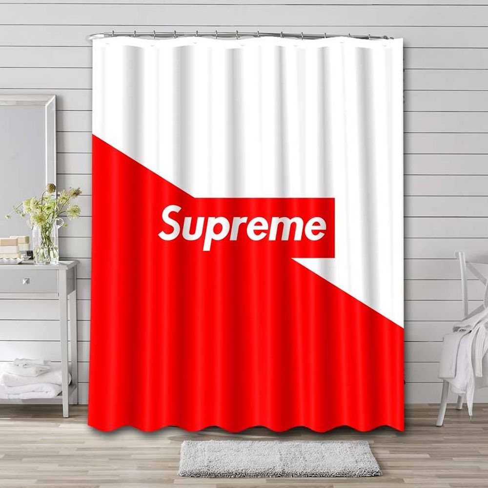 White And Red Logo Supreme Shower Curtain Set 042 White And Red Logo Supreme Shower Curtain Set 042