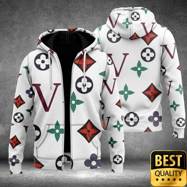 Luxury Louis Vuitton White With Colorful Patterns And Big V 3D Shirt And Pants 178 Luxury Louis Vuitton White With Colorful Patterns And Big V 3D Shirt And Pants 178