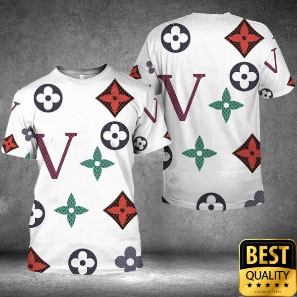 Luxury Louis Vuitton White With Colorful Patterns And Big V 3D Shirt And Pants 178 Luxury Louis Vuitton White With Colorful Patterns And Big V 3D Shirt And Pants 178