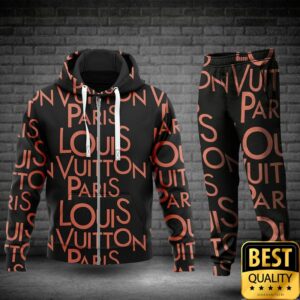 Luxury Louis Vuitton Paris Black with Red Brand Name 3D Shirt and Pants 2