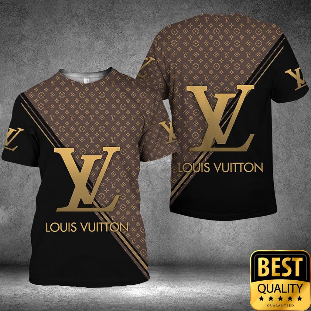 Luxury Louis Vuitton Half Black Half Brown Yellow Diagonal Lines 3D Shirt 164 Luxury Louis Vuitton Half Black Half Brown Yellow Diagonal Lines 3D Shirt 164