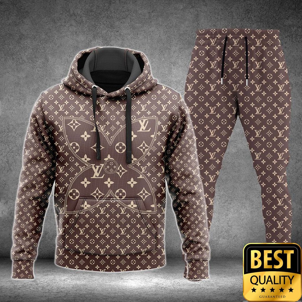 Luxury Louis Vuitton Gray Brown With 4 Leave Flower Pattern Center 3D Shirt And Pants 163 Luxury Louis Vuitton Gray Brown With 4 Leave Flower Pattern Center 3D Shirt And Pants 163