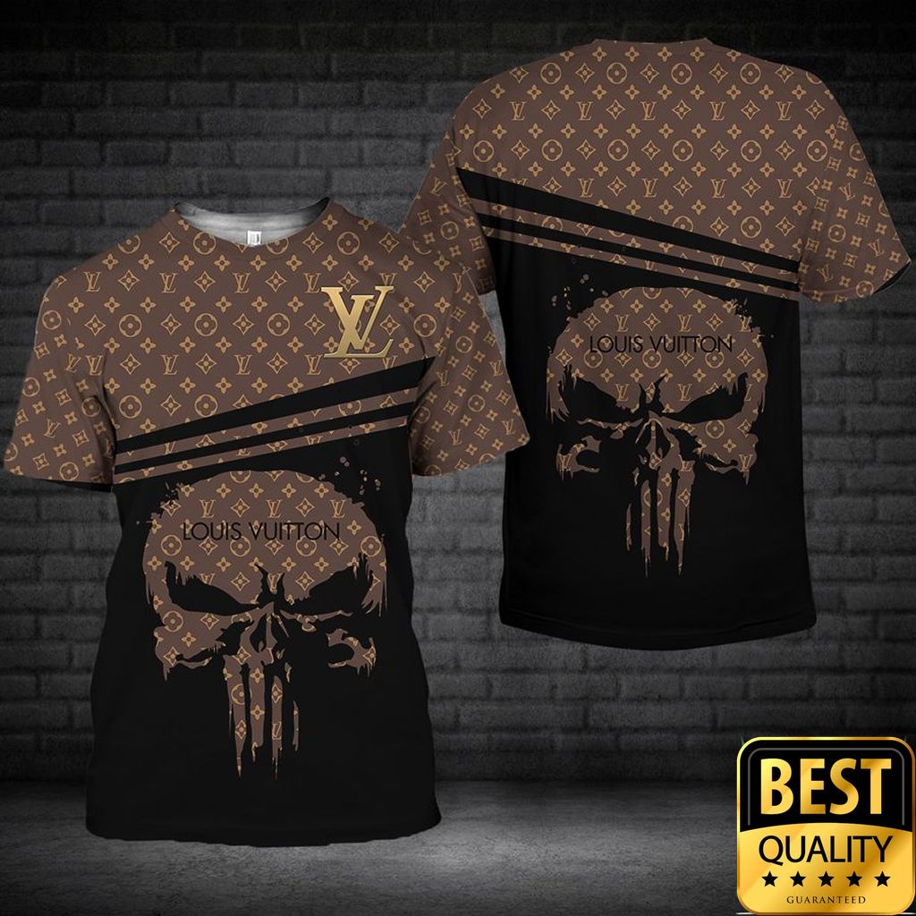 Luxury Louis Vuitton Brown With Monogram Skull Pattern And Name On Sleeve 3D Shirt 155 Luxury Louis Vuitton Brown With Monogram Skull Pattern And Name On Sleeve 3D Shirt 155