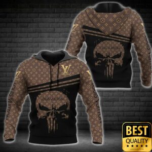 Luxury Louis Vuitton Brown with Monogram Skull Pattern and Name on Sleeve 3D Shirt 2