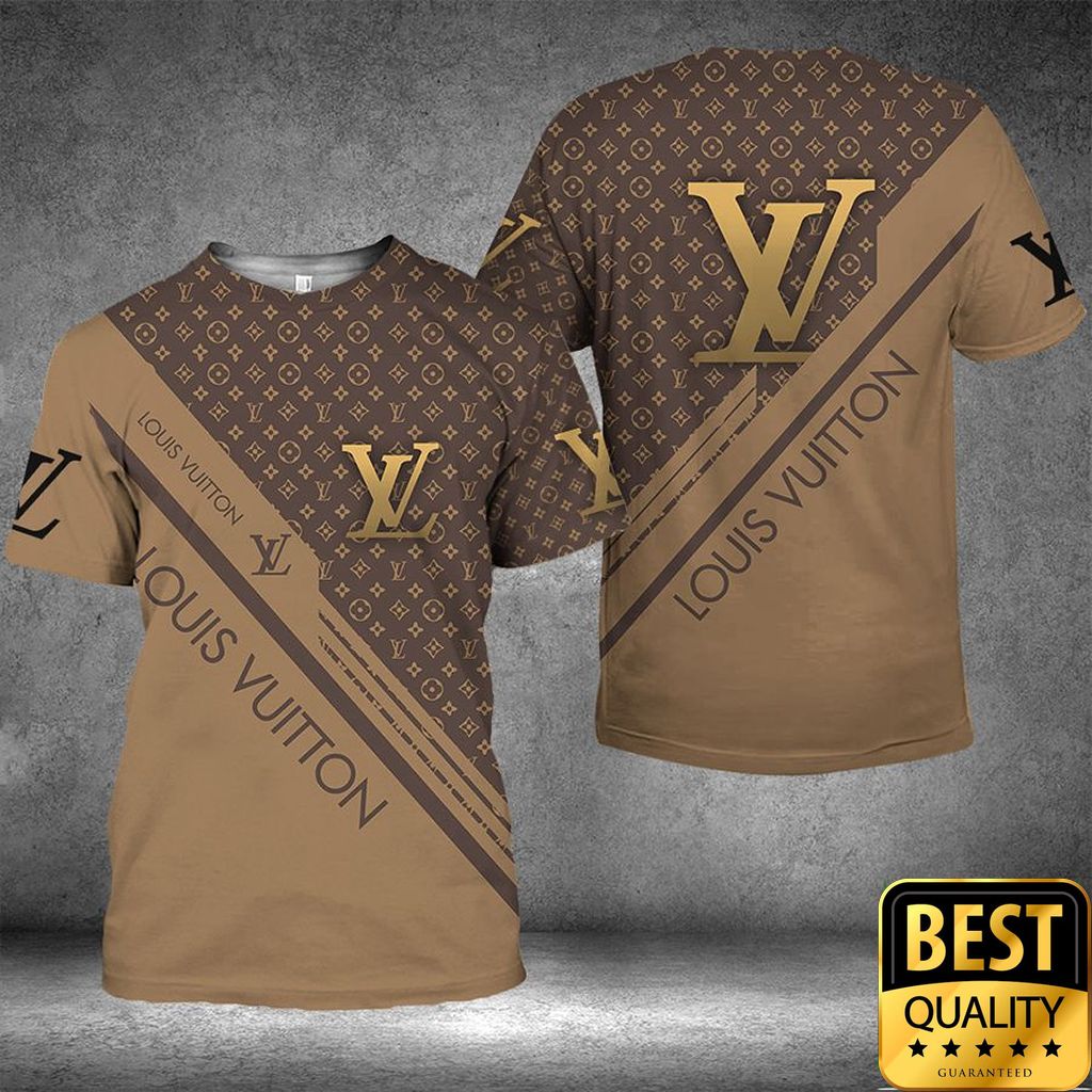 Luxury Louis Vuitton Brown With Diagonal Brand Name Stripe And Monogram 3D Shirt 153 Luxury Louis Vuitton Brown With Diagonal Brand Name Stripe And Monogram 3D Shirt 153