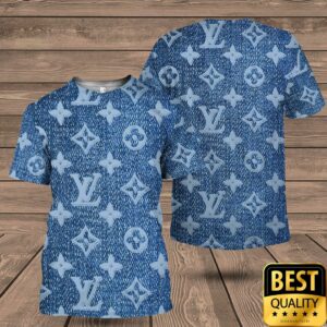 Luxury Louis Vuitton Blue with Monogram Denim Pattern Logo 3D Shirt and Pants 4