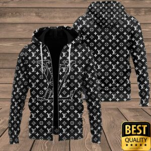 Luxury Louis Vuitton Black with Multiple Small White Logos 3D Shirt and Pants 5