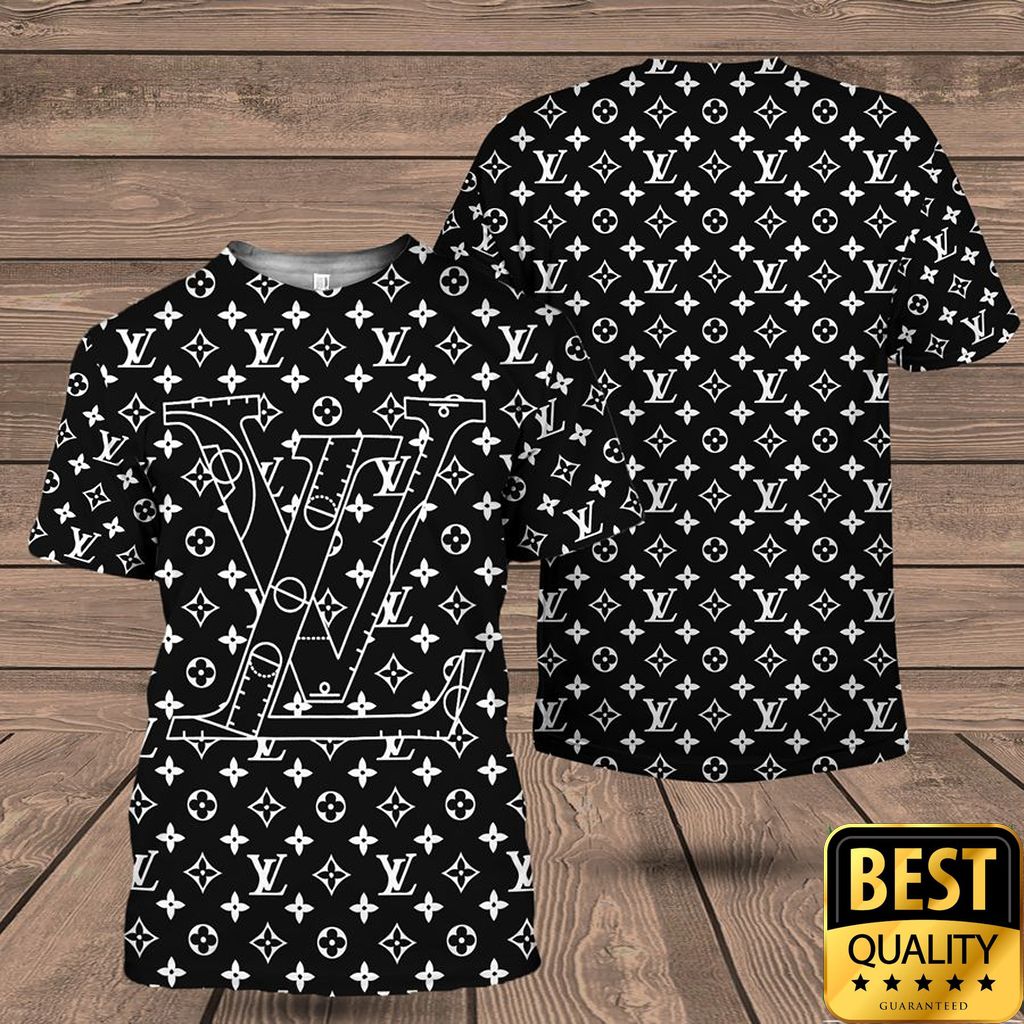 Luxury Louis Vuitton Black With Multiple Small White Logos 3D Shirt And Pants 146 Luxury Louis Vuitton Black With Multiple Small White Logos 3D Shirt And Pants 146