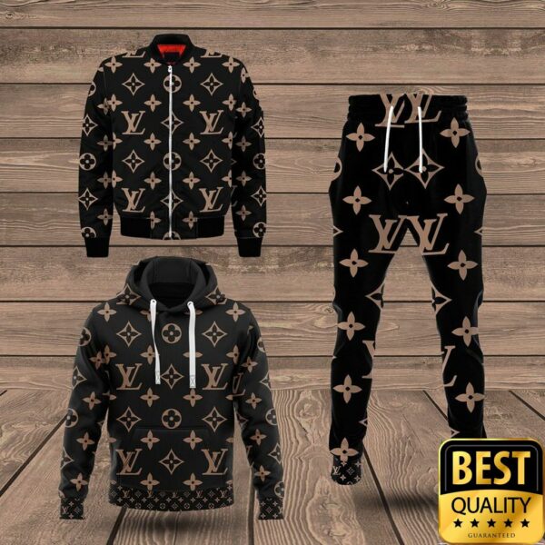Luxury Louis Vuitton Black With Light Brown Monogram Canvas Pattern 3D Shirt And Pants 144