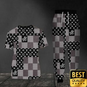 Luxury Louis Vuitton Black White Gray with Checkered Patten 3D Shirt and Pants 4