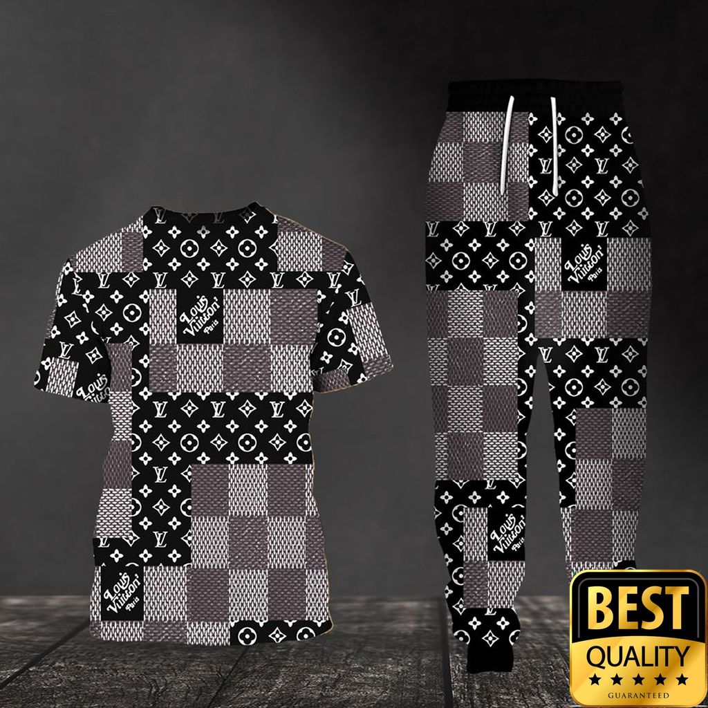 Luxury Louis Vuitton Black White Gray With Checkered Patten 3D Shirt And Pants 141 Luxury Louis Vuitton Black White Gray With Checkered Patten 3D Shirt And Pants 141
