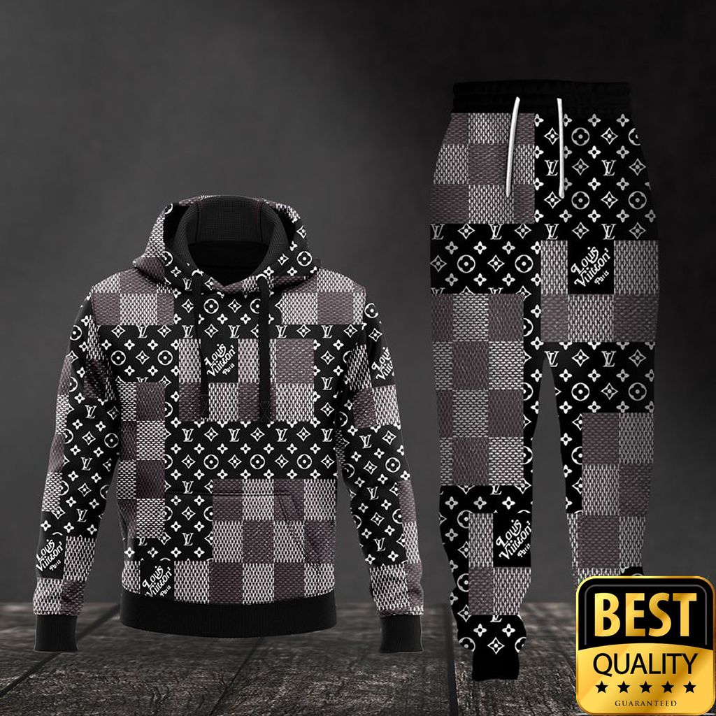 Luxury Louis Vuitton Black White Gray With Checkered Patten 3D Shirt And Pants 141 Luxury Louis Vuitton Black White Gray With Checkered Patten 3D Shirt And Pants 141