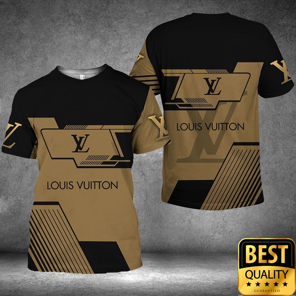 Luxury Louis Vuitton Black And Light Brown With Brand Name On Sleeves 3D Shirt 136 Luxury Louis Vuitton Black And Light Brown With Brand Name On Sleeves 3D Shirt 136