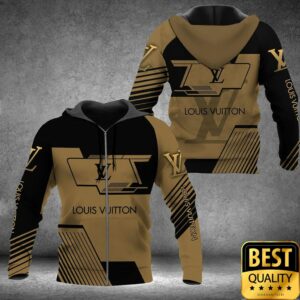 Luxury Louis Vuitton Black and Light Brown with Brand Name On Sleeves 3D Shirt 3