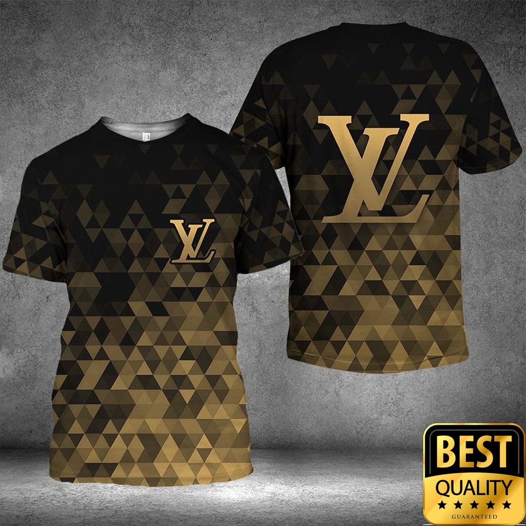 Luxury Louis Vuitton Black And Gold Color With Rectangle Pattern 3D Shirt 135 Luxury Louis Vuitton Black And Gold Color With Rectangle Pattern 3D Shirt 135