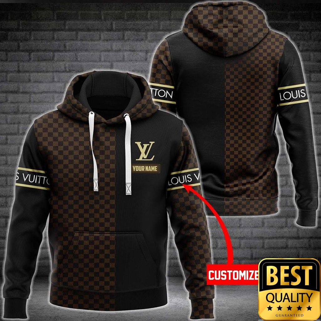 Customized Luxury Louis Vuitton Dark Brown And Black Name Strip 3D Shirt And Pants 082 Customized Luxury Louis Vuitton Dark Brown And Black Name Strip 3D Shirt And Pants 082