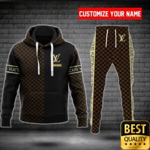 Customized Luxury Louis Vuitton Dark Brown And Black Name Strip 3D Shirt And Pants 082