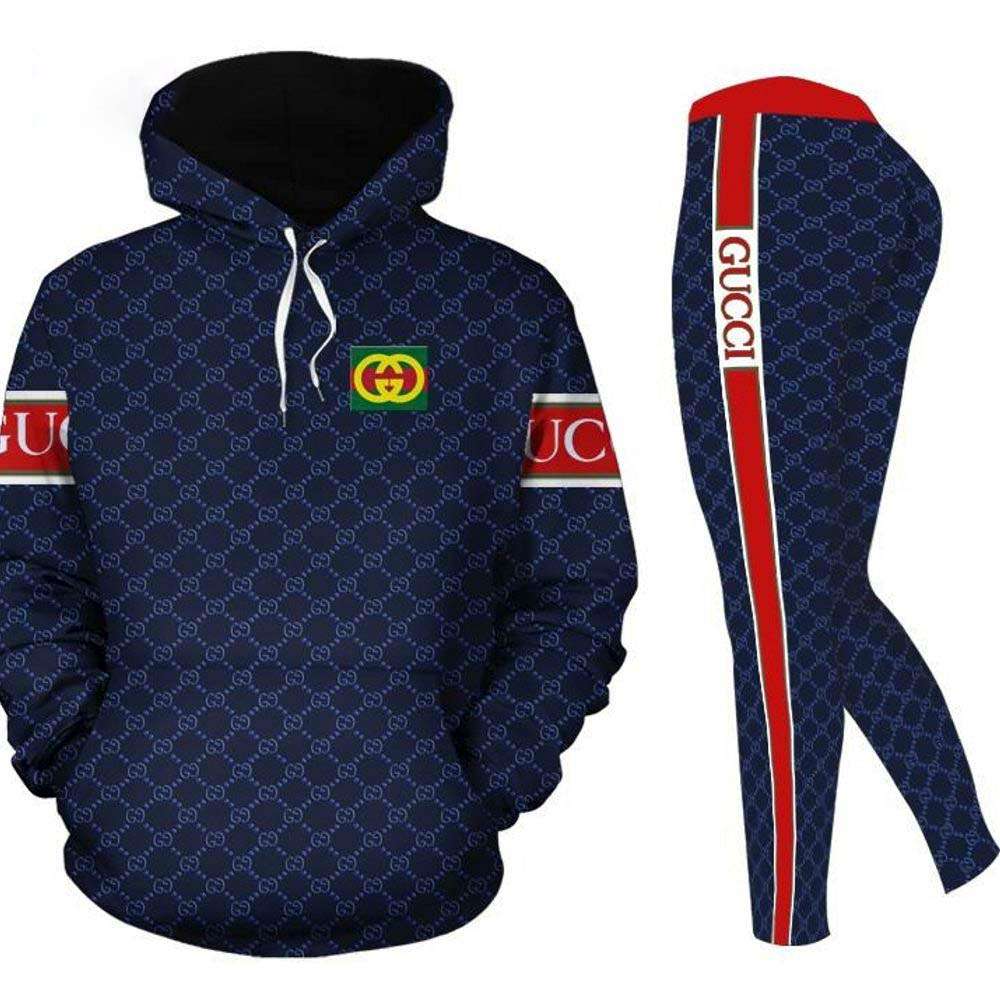 Gucci 3D Blue Red Stripe Full Print Hoodie And Leggings Set 257 Gucci 3D Blue Red Stripe Full Print Hoodie And Leggings Set 257