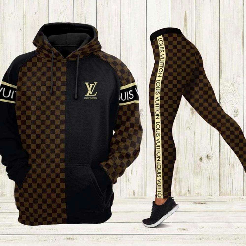 Louis Vuitton Luxury Brand Brown Chess Pattern 3D Hoodie Leggings Set 090 Louis Vuitton Luxury Brand Brown Chess Pattern 3D Hoodie Leggings Set 090