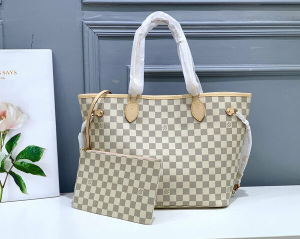 LV Neverfull MM Tote Bag Damier Azur Canvas Rose Ballerine Pink For Women N41605