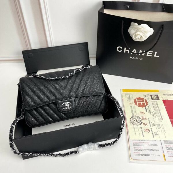 CN Chevron Classic Handbag Silver Hardware Black For Women