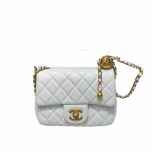 CN Mini Flap Bag With CC Ball On Strap White For Women AS1786