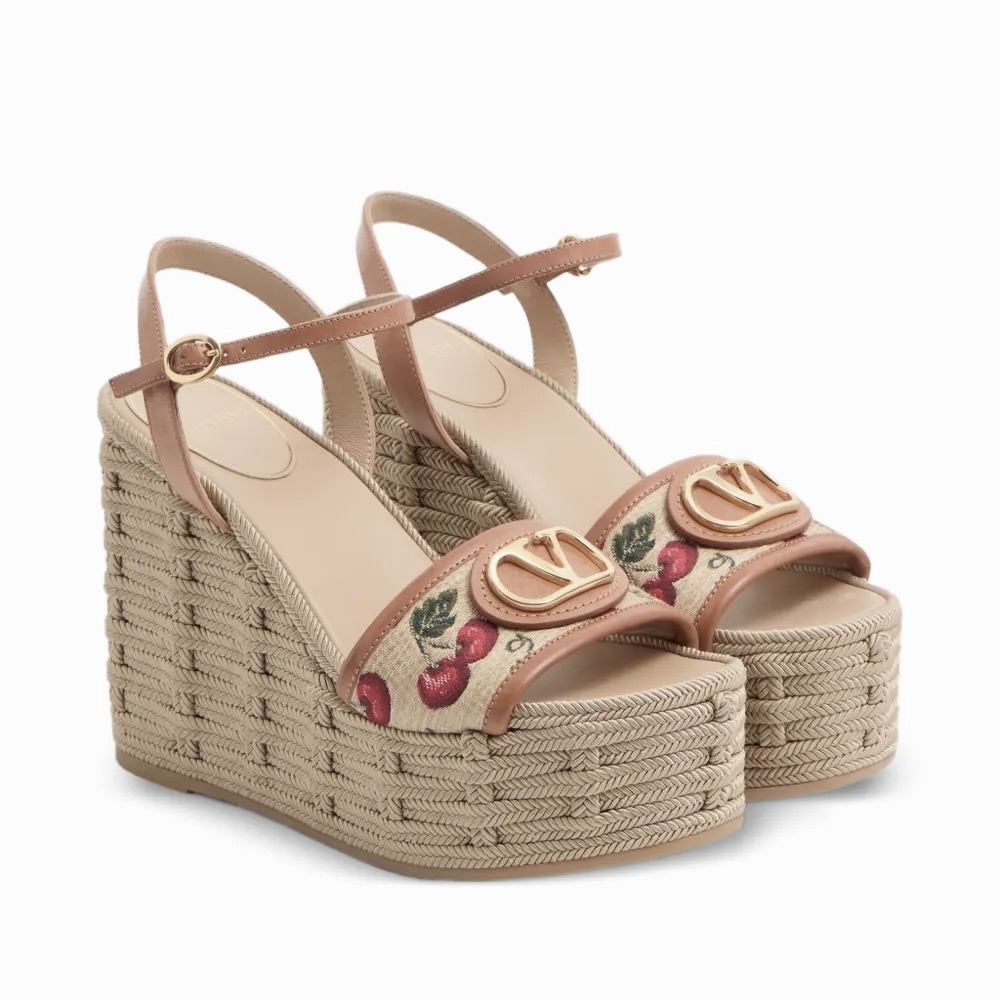 Women’s Valentino VLogo Signature Cherryfic Pattern Wedge Sandal 120mm Heels Women’s Valentino VLogo Signature Cherryfic Pattern Wedge Sandal 120mm Heels